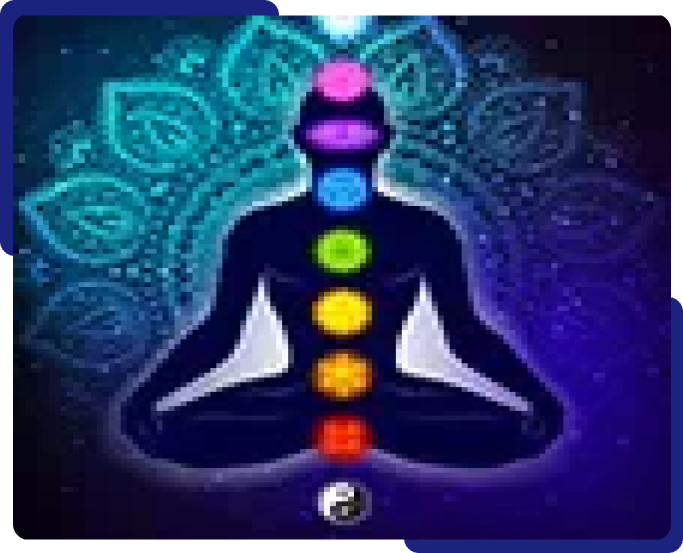 A person sitting in the lotus position with seven chakras on their shoulders.